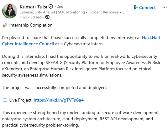 Cybersecurity Intern Feedback Testimonial